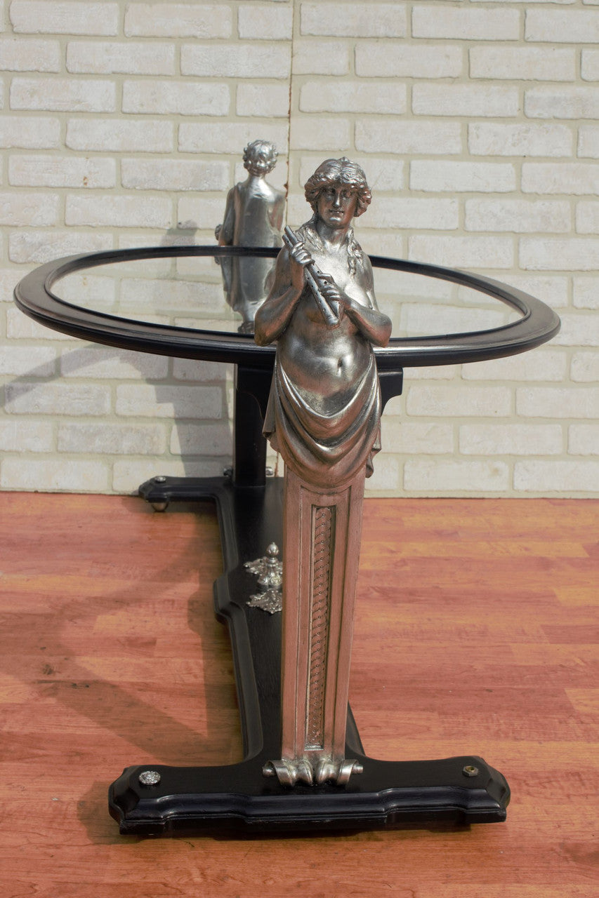 Art Nouveau Figural Male and Female Bust Glass Top Coffee Table