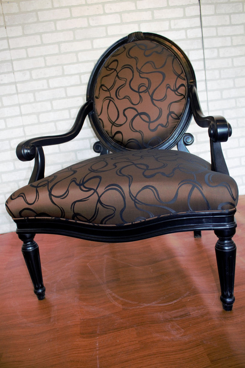 Designer Sam Moore Ebonized Wood Frame Round Back "Bronze" Patterned Silk Arm Chair