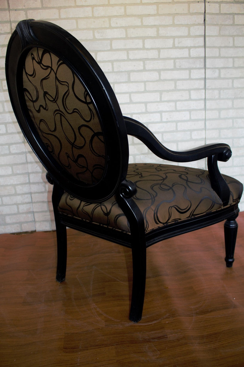 Designer Sam Moore Ebonized Wood Frame Round Back "Bronze" Patterned Silk Arm Chair