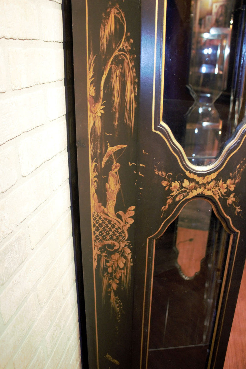 Hollywood Regency Black Chinoiserie Hand Painted Lighted Display Cabinet