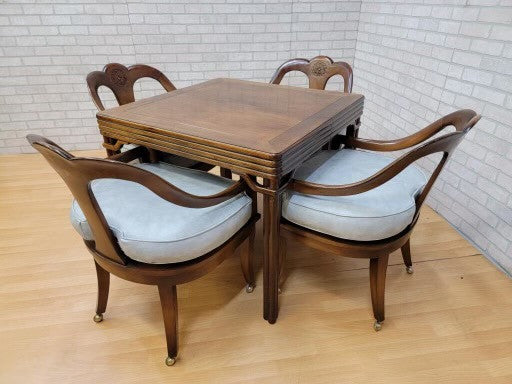 Neoclassical Michael Taylor for Baker Spoon Back Slipper Chairs with Walnut Game Table Set - 5 Piece Set