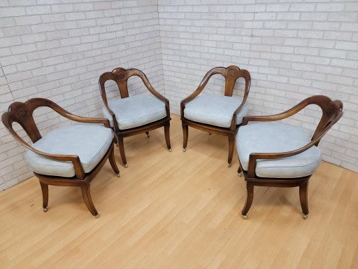 Neoclassical Michael Taylor for Baker Spoon Back Slipper Chairs with Walnut Game Table Set - 5 Piece Set