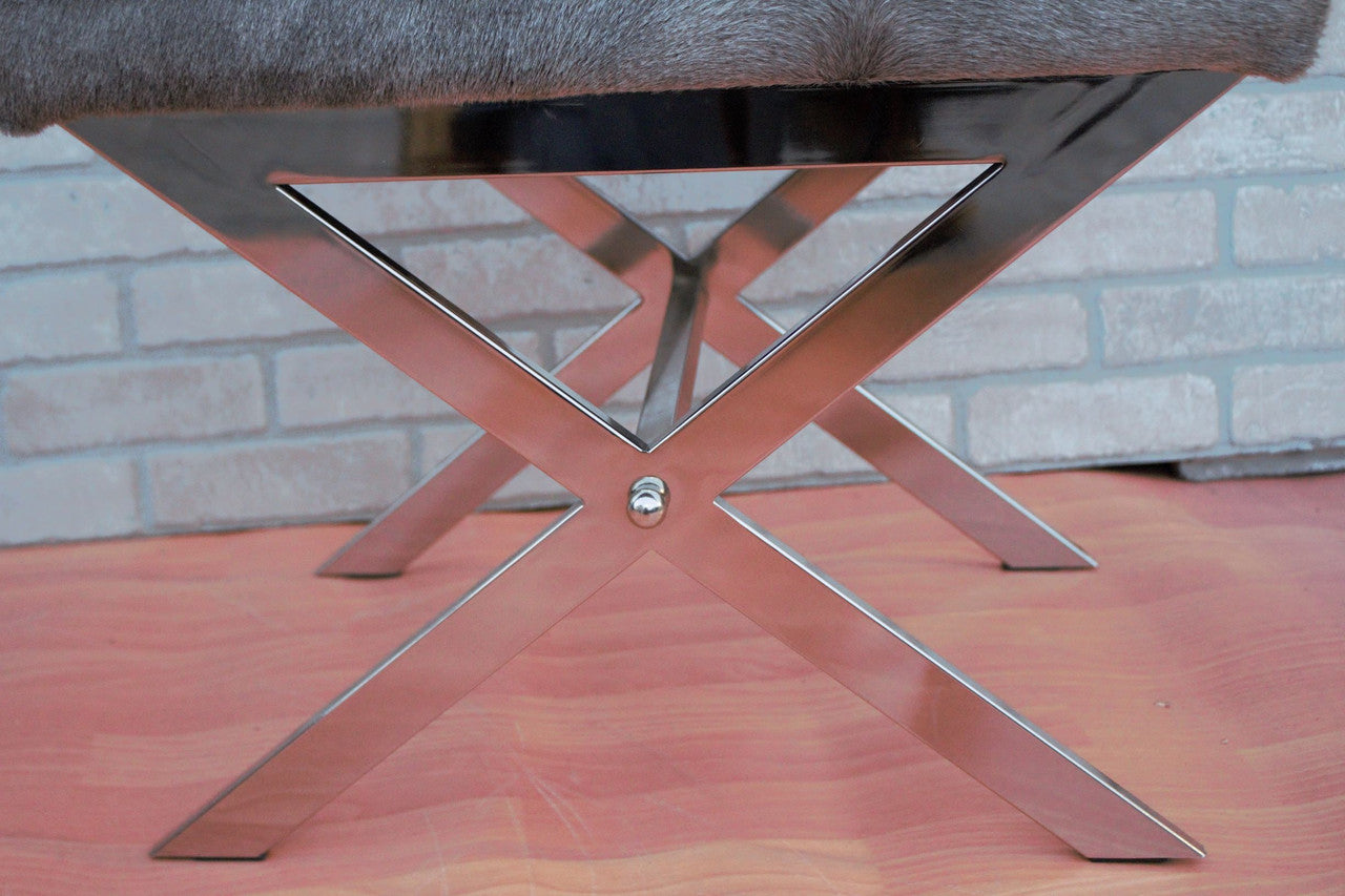 Modern Tangent Chrome X Design Stool with Cow Hide Top