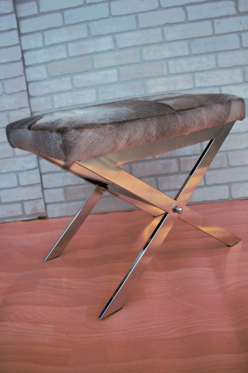 Modern Tangent Chrome X Design Stool with Cow Hide Top