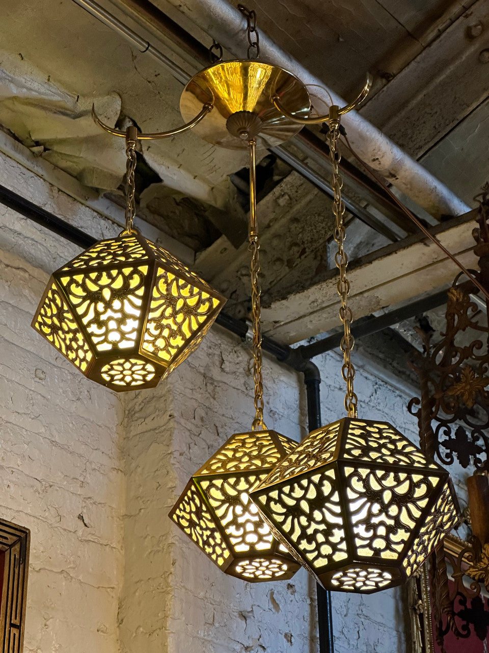Vintage Asian Pierced Brass Trio of Multi Tiered Ceiling Pendant Chandelier Light
