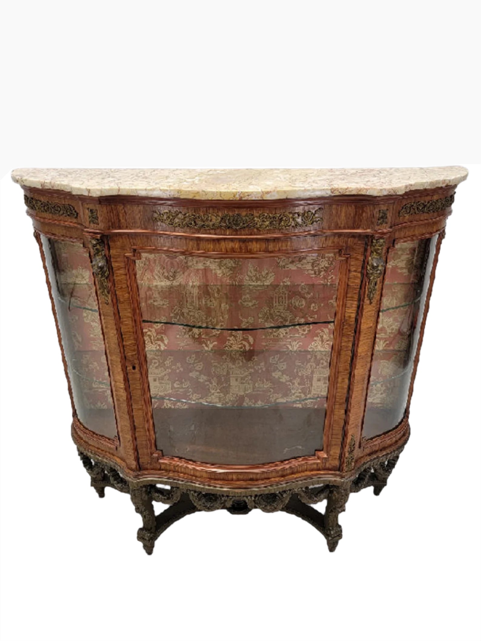 Antique French Louis Style Curved Glass Marble Top Vitrine Display Cabinet