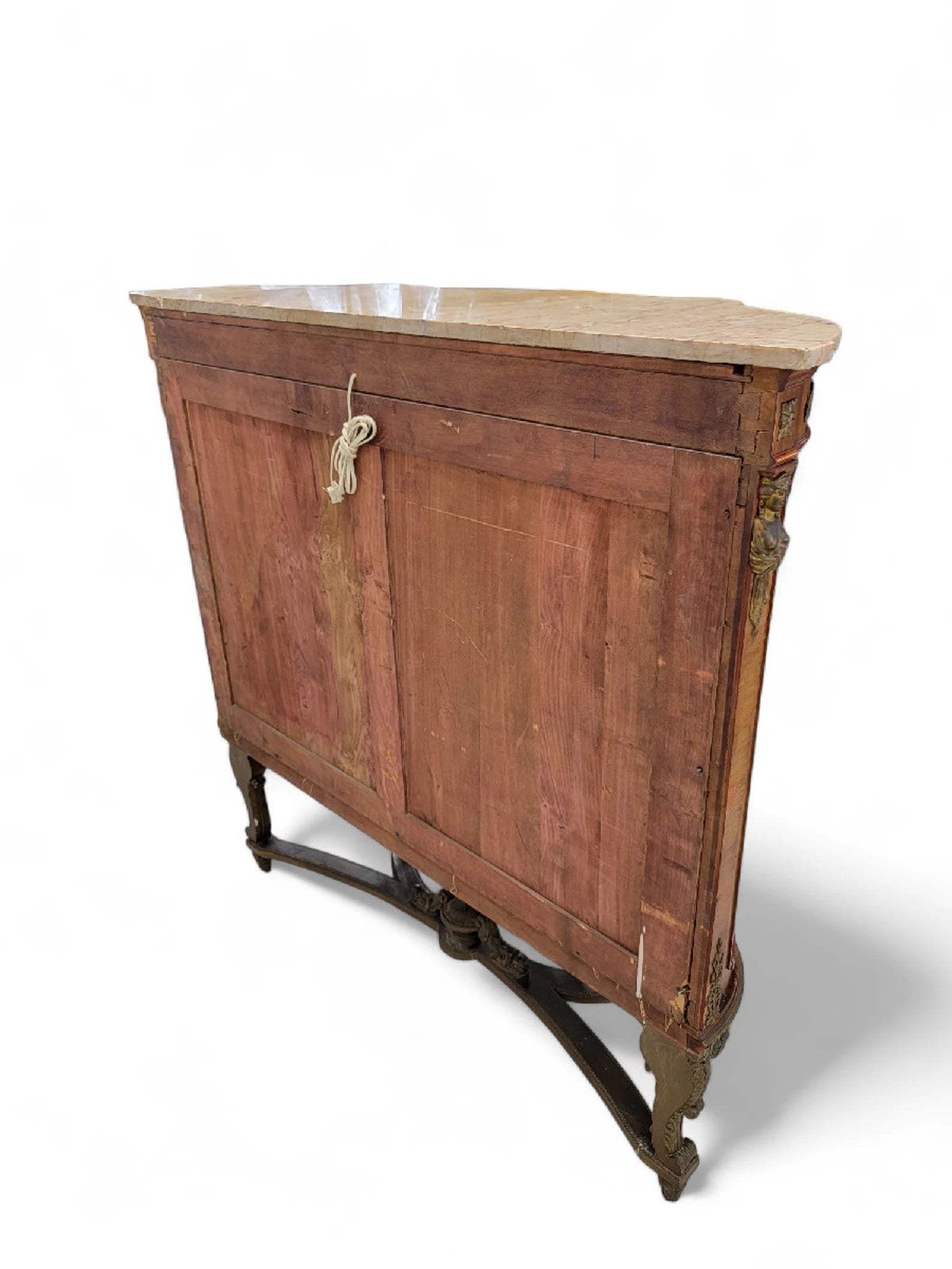 Antique French Louis Style Curved Glass Marble Top Vitrine Display Cabinet