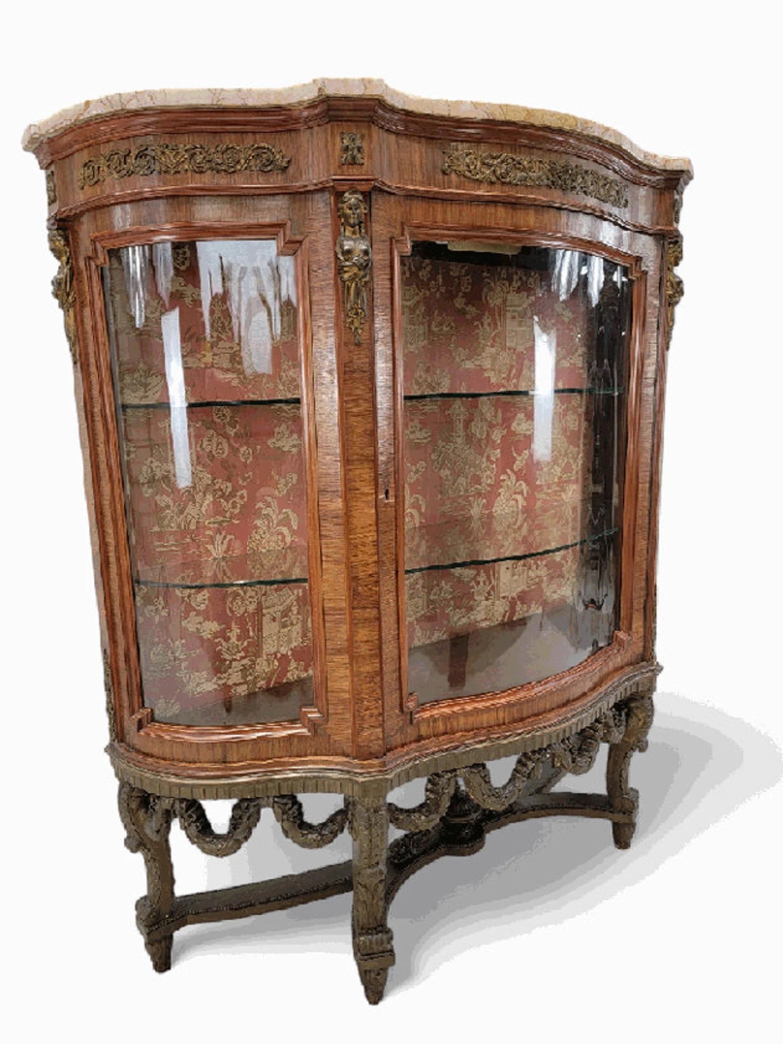 Antique French Louis Style Curved Glass Marble Top Vitrine Display Cabinet