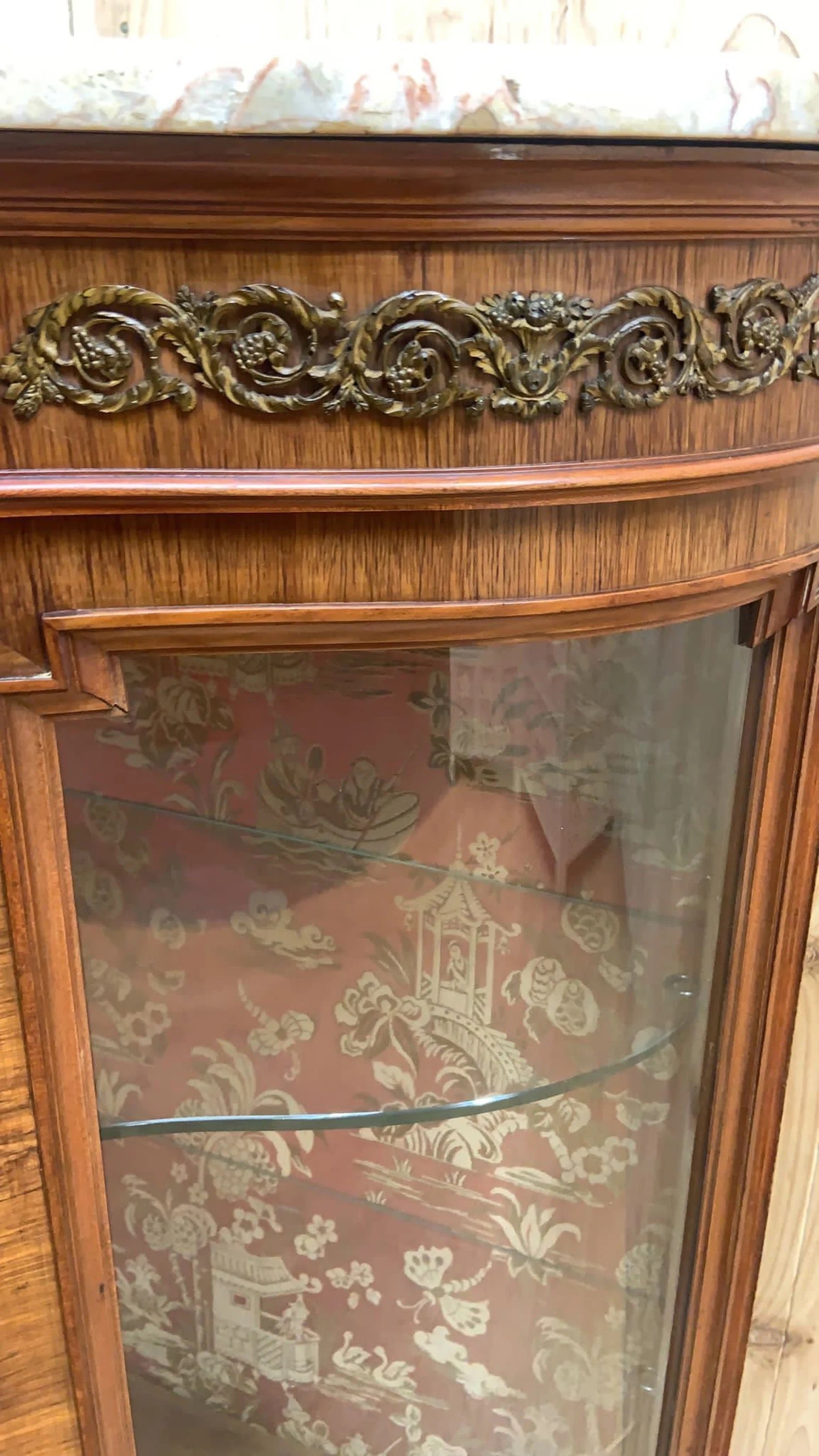 Antique French Louis Style Curved Glass Marble Top Vitrine Display Cabinet