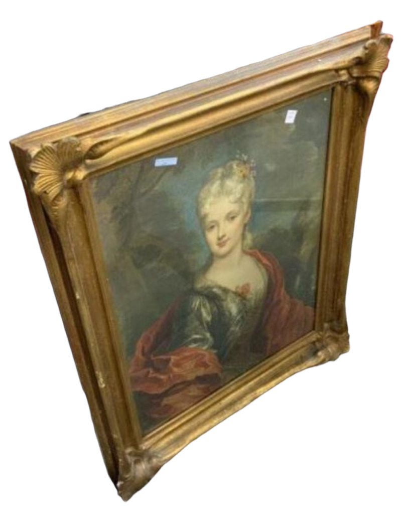 Antique Gold-Gilded Wood Framed French Victorian Print of Mlle Dubois by Nicolas de Largillière