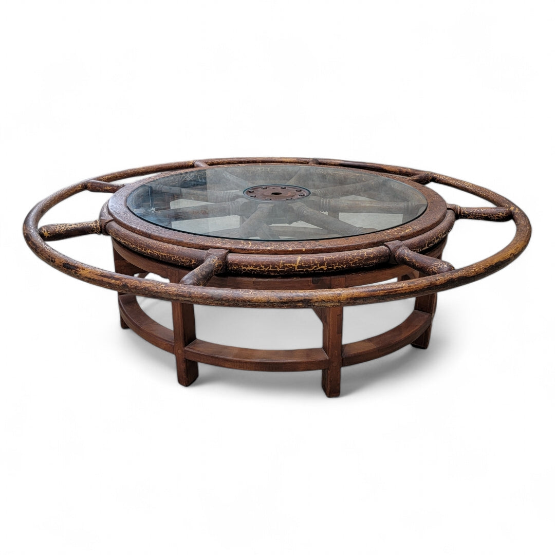 Antique Nautical Ships Wheel Custom Glass Top Coffee Table
