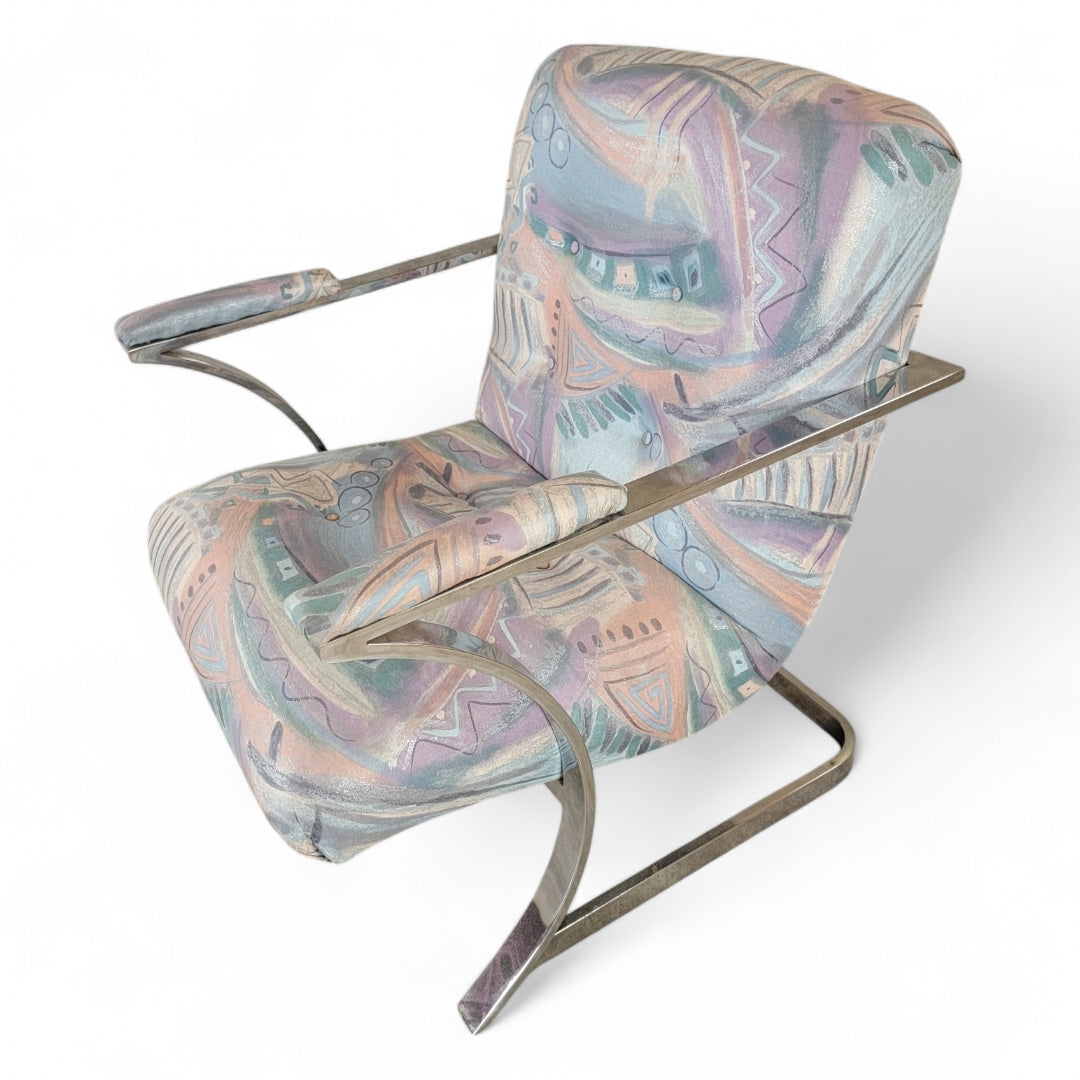 Postmodern Chrome Flat Bar Scoop Chair in Retro Fabric
