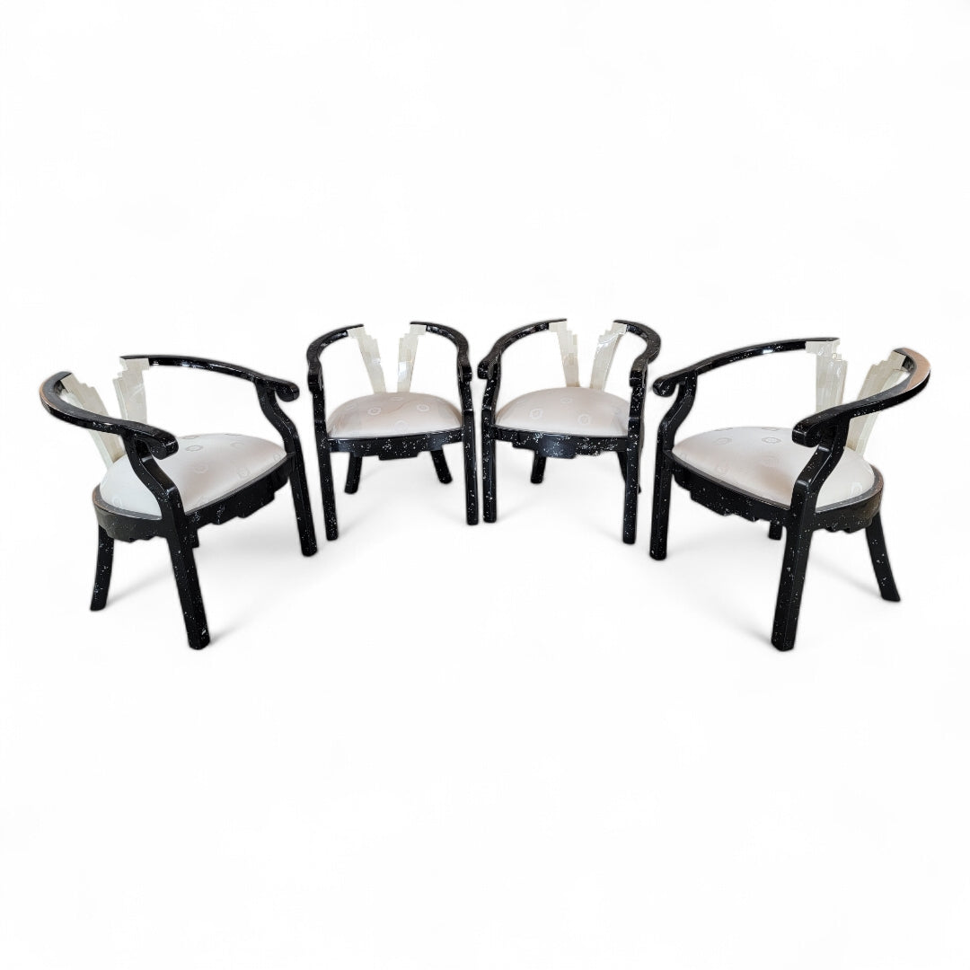 Vintage Postmodern Sculptural Tessellated Stone and Mother of Pearl Inlay Lacquer Chairs - Set of 6