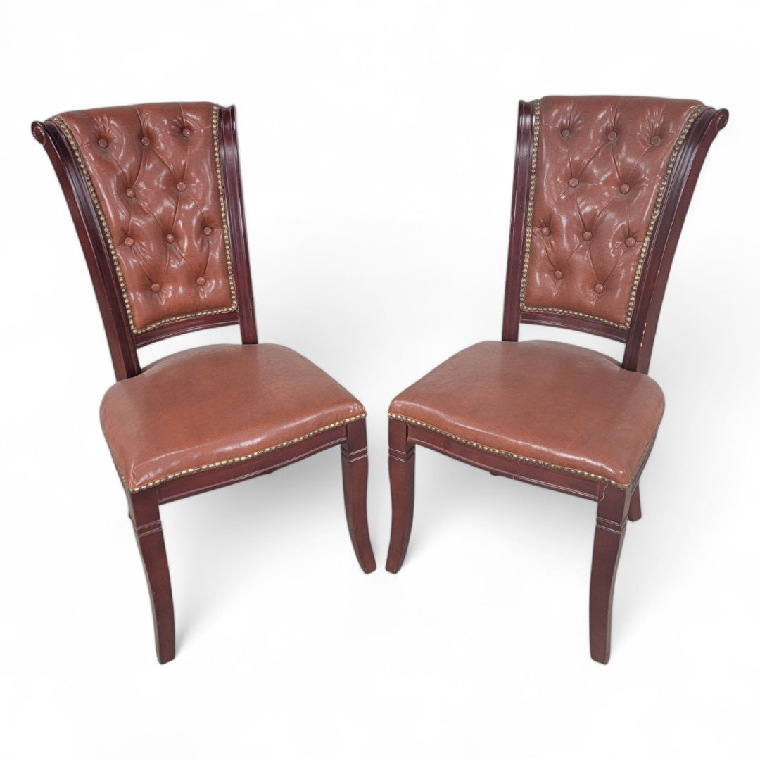 Vintage Italian Mahogany Scroll Back Tufted Leather Side Chairs with Nailhead Trim - Pair