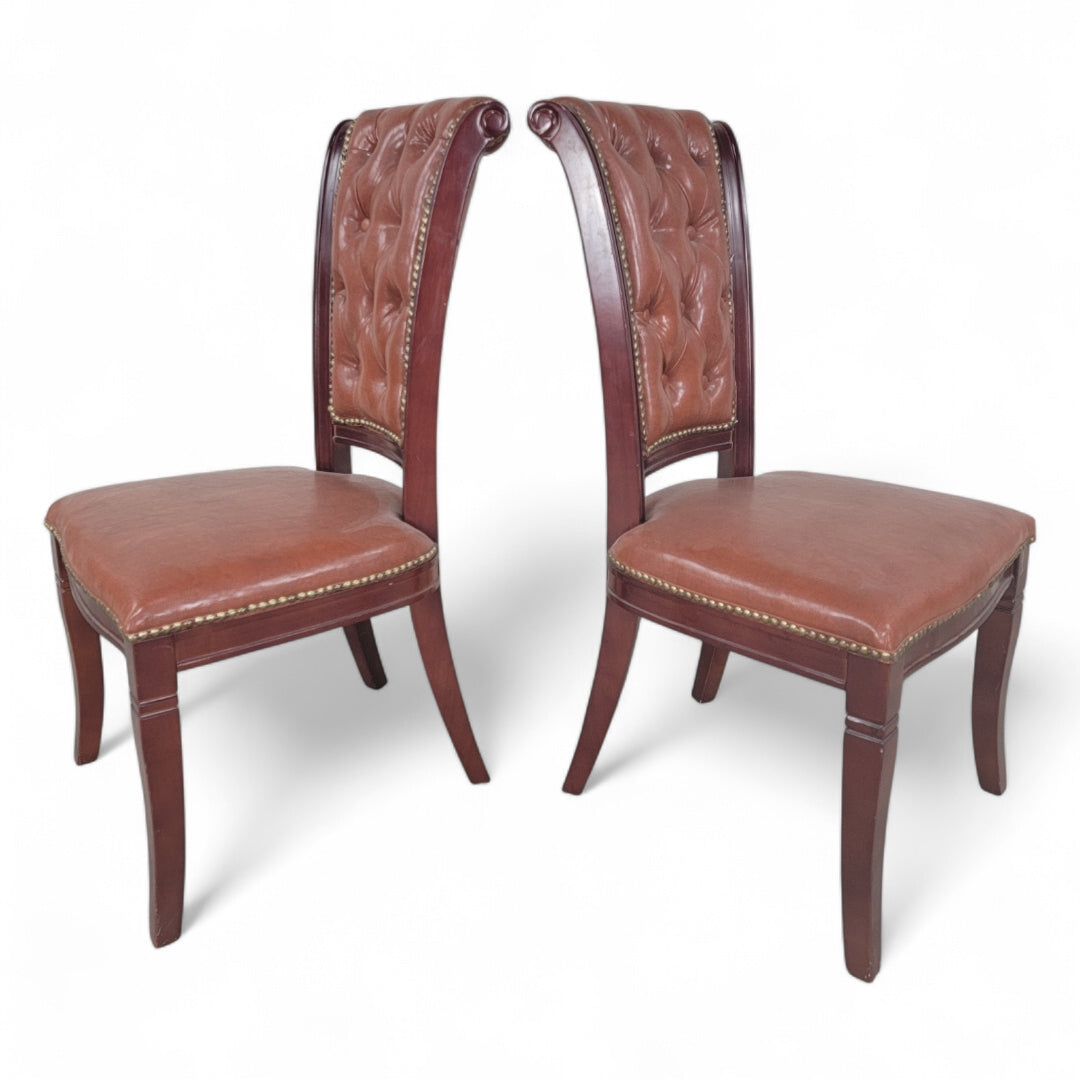 Vintage Italian Mahogany Scroll Back Tufted Leather Side Chairs with Nailhead Trim - Pair