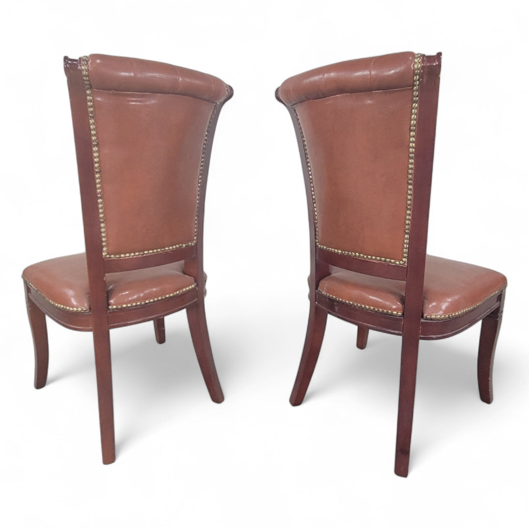 Vintage Italian Mahogany Scroll Back Tufted Leather Side Chairs with Nailhead Trim - Pair