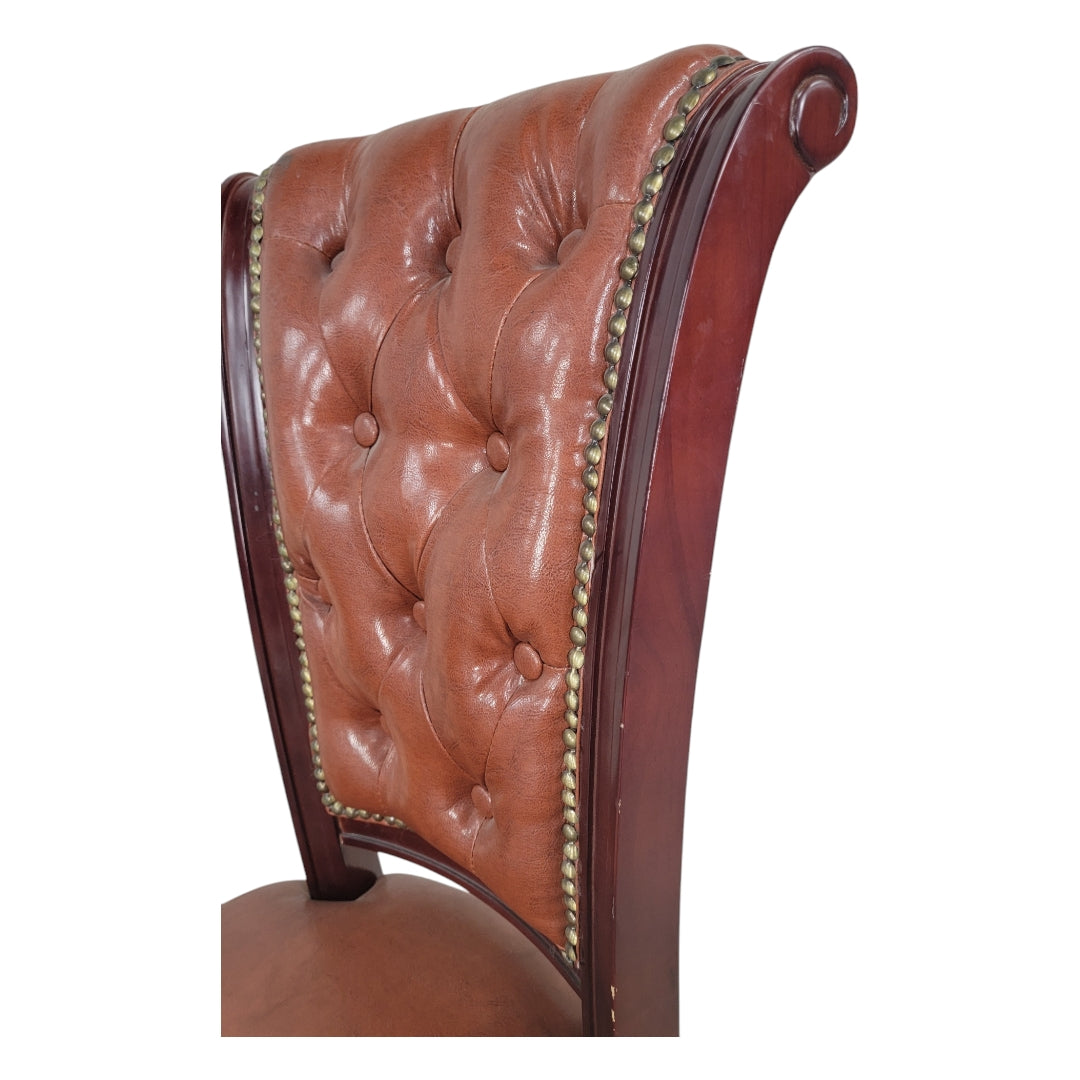 Vintage Italian Mahogany Scroll Back Tufted Leather Side Chairs with Nailhead Trim - Pair