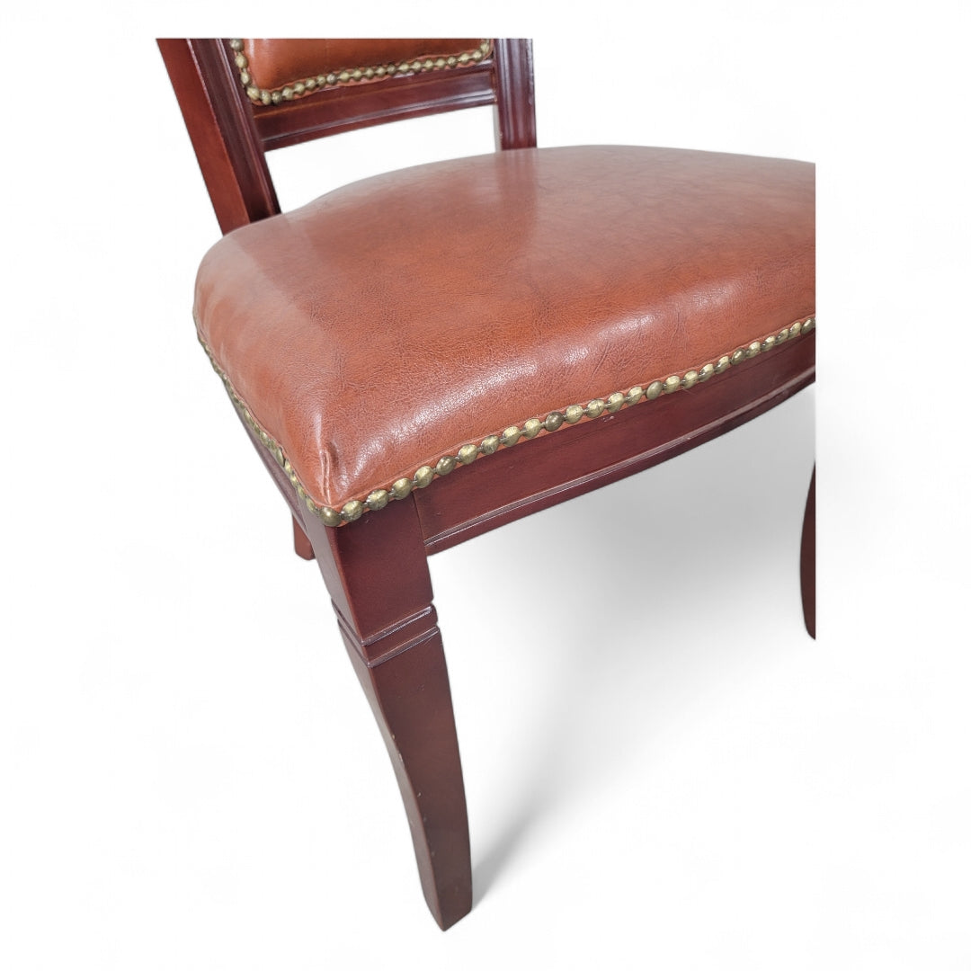 Vintage Italian Mahogany Scroll Back Tufted Leather Side Chairs with Nailhead Trim - Pair