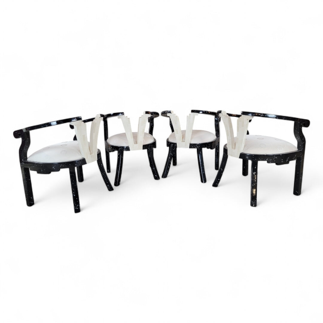 Vintage Postmodern Sculptural Tessellated Stone and Mother of Pearl Inlay Lacquer Chairs - Set of 6