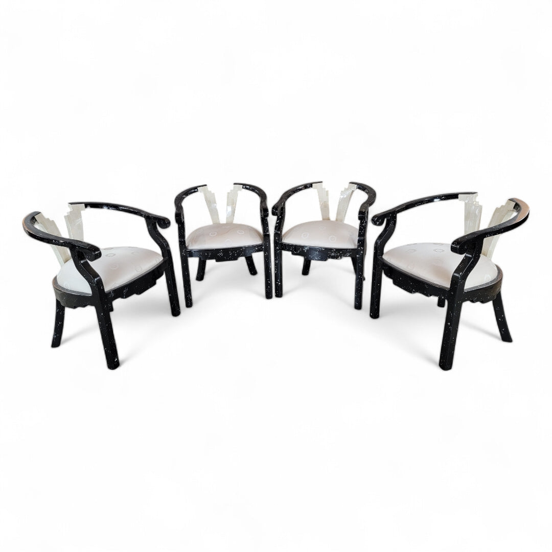 Vintage Postmodern Sculptural Tessellated Stone and Mother of Pearl Inlay Lacquer Chairs - Set of 6