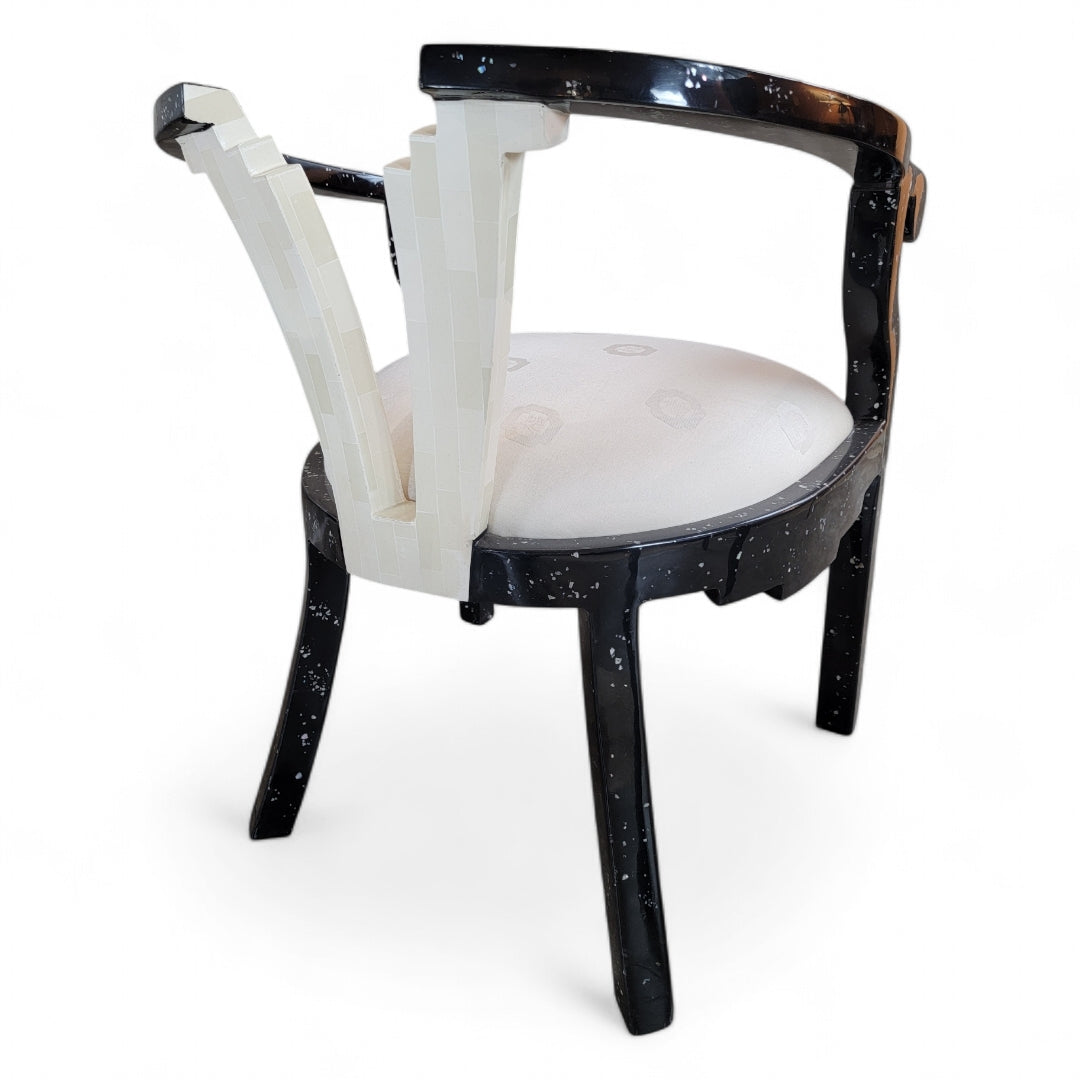 Vintage Postmodern Sculptural Tessellated Stone and Mother of Pearl Inlay Lacquer Chairs - Set of 6