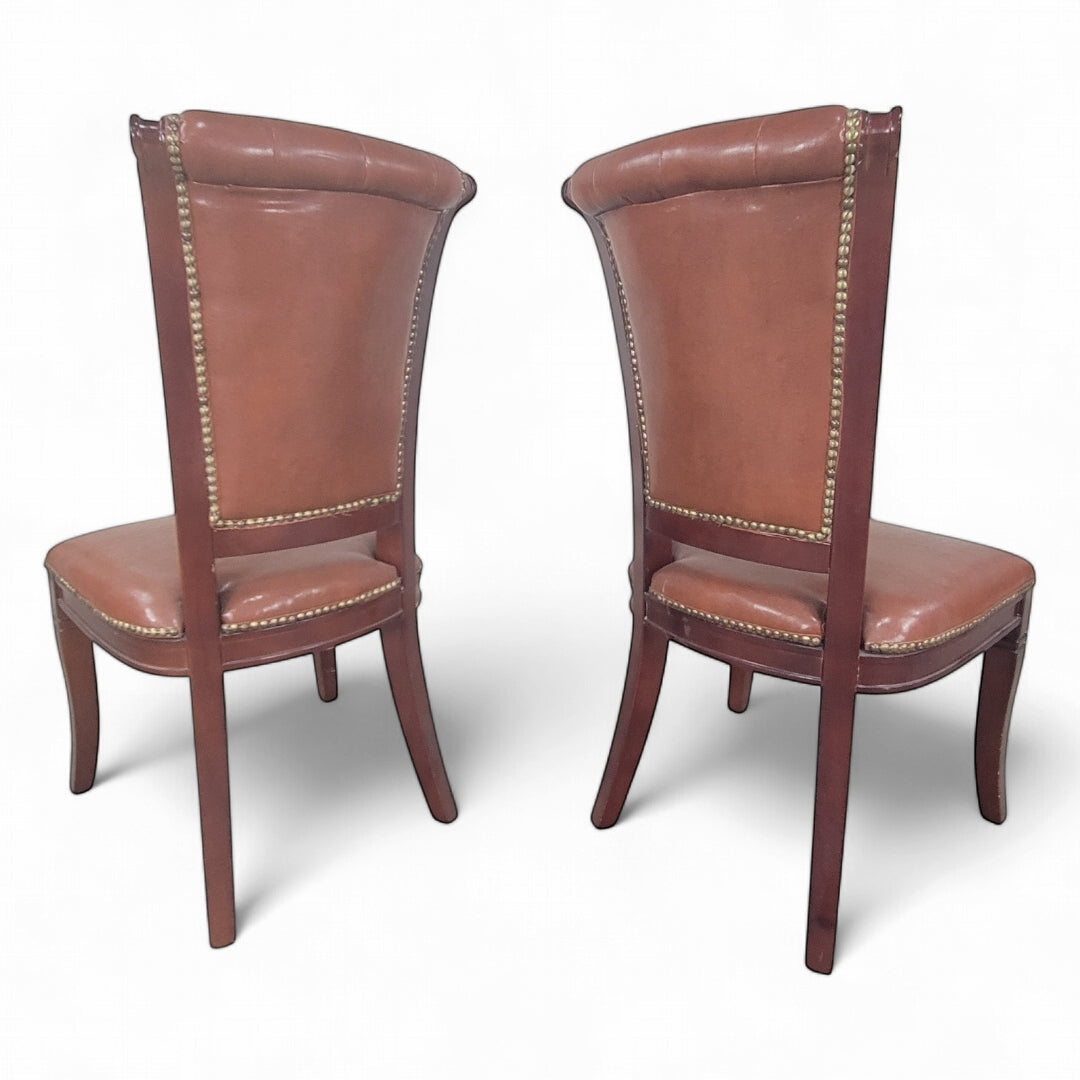 Vintage Italian Mahogany Scroll Back Tufted Leather Side Chairs with Nailhead Trim - Pair