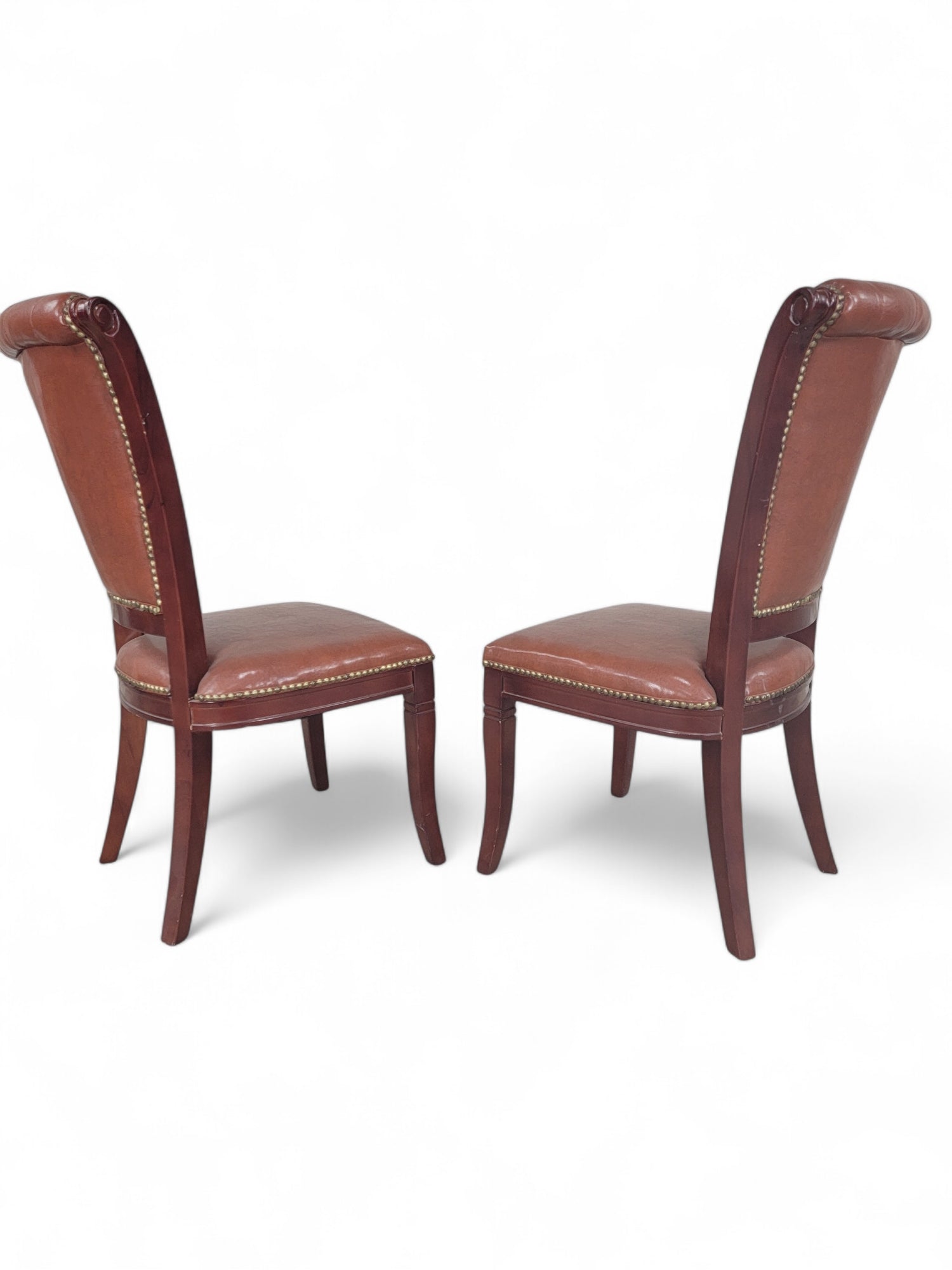 Vintage Italian Mahogany Scroll Back Tufted Leather Side Chairs with Nailhead Trim - Pair