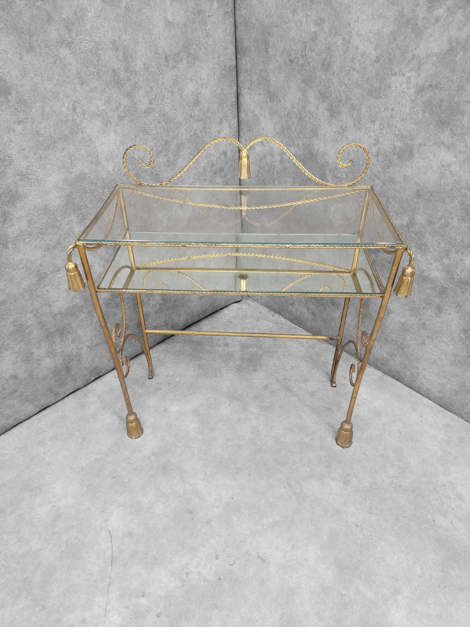 Antique Italian Two Tier Gilt Rope with Tassels Vanity/Dry-Bar Console Table