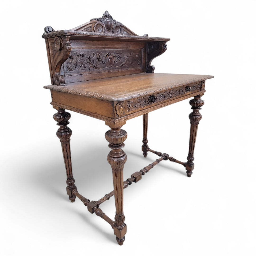 Antique French Carved Oak Petite Writing Desk