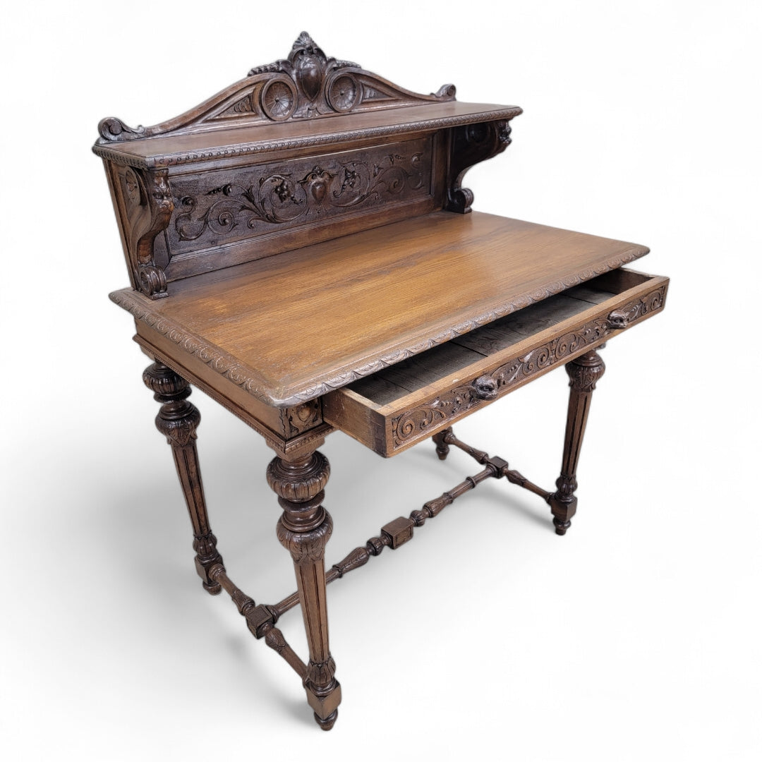 Antique French Carved Oak Petite Writing Desk