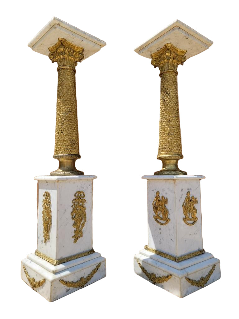 Antique French Empire Ormolu White Carrara Marble Pedestals - Pair
