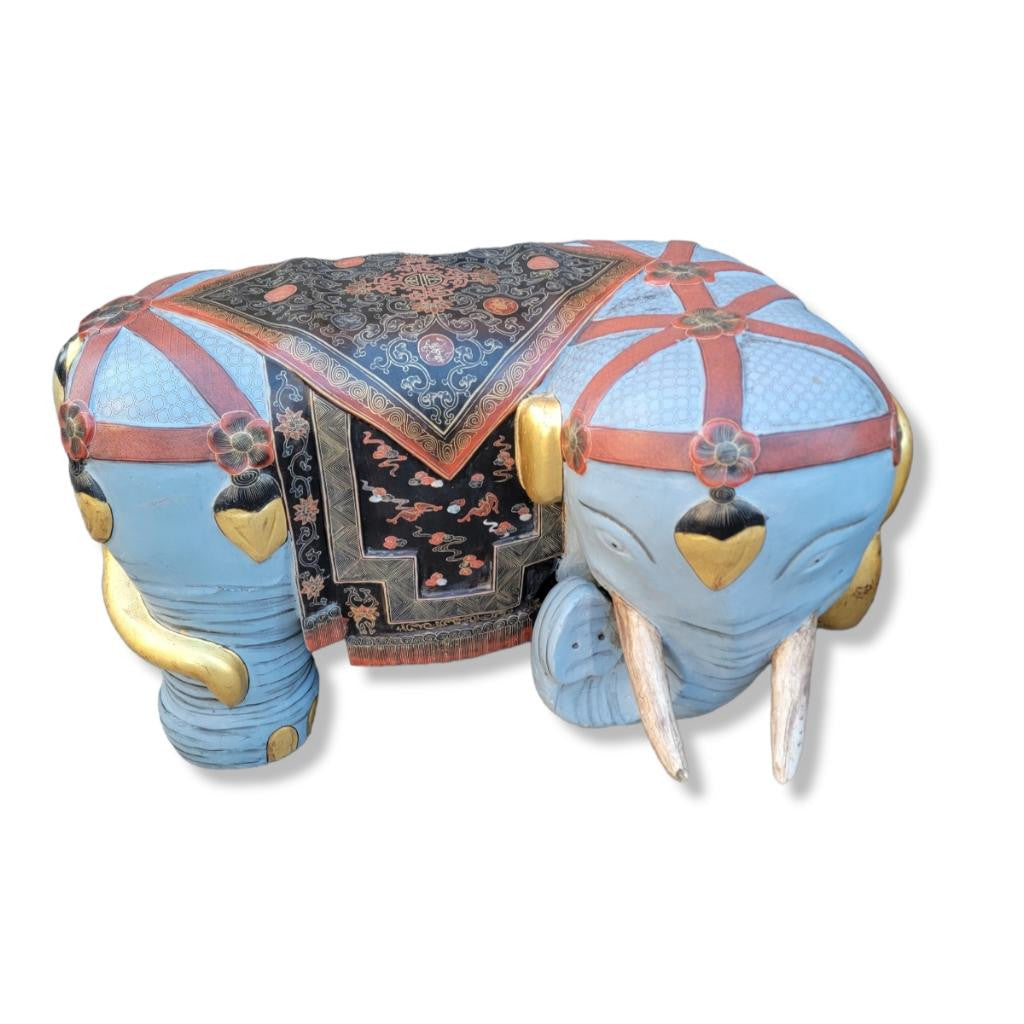 Antique Asian Carved & Hand-Painted Elephant Stools/Garden Seats - Pair