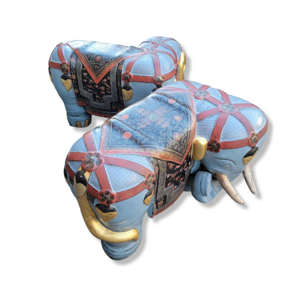 Antique Asian Carved & Hand-Painted Elephant Stools/Garden Seats - Pair