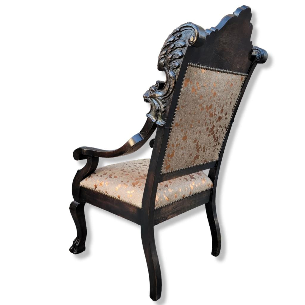 Antique French Baroque Carved Fireside Accent Chair Newly Reupholstered in Cowhide