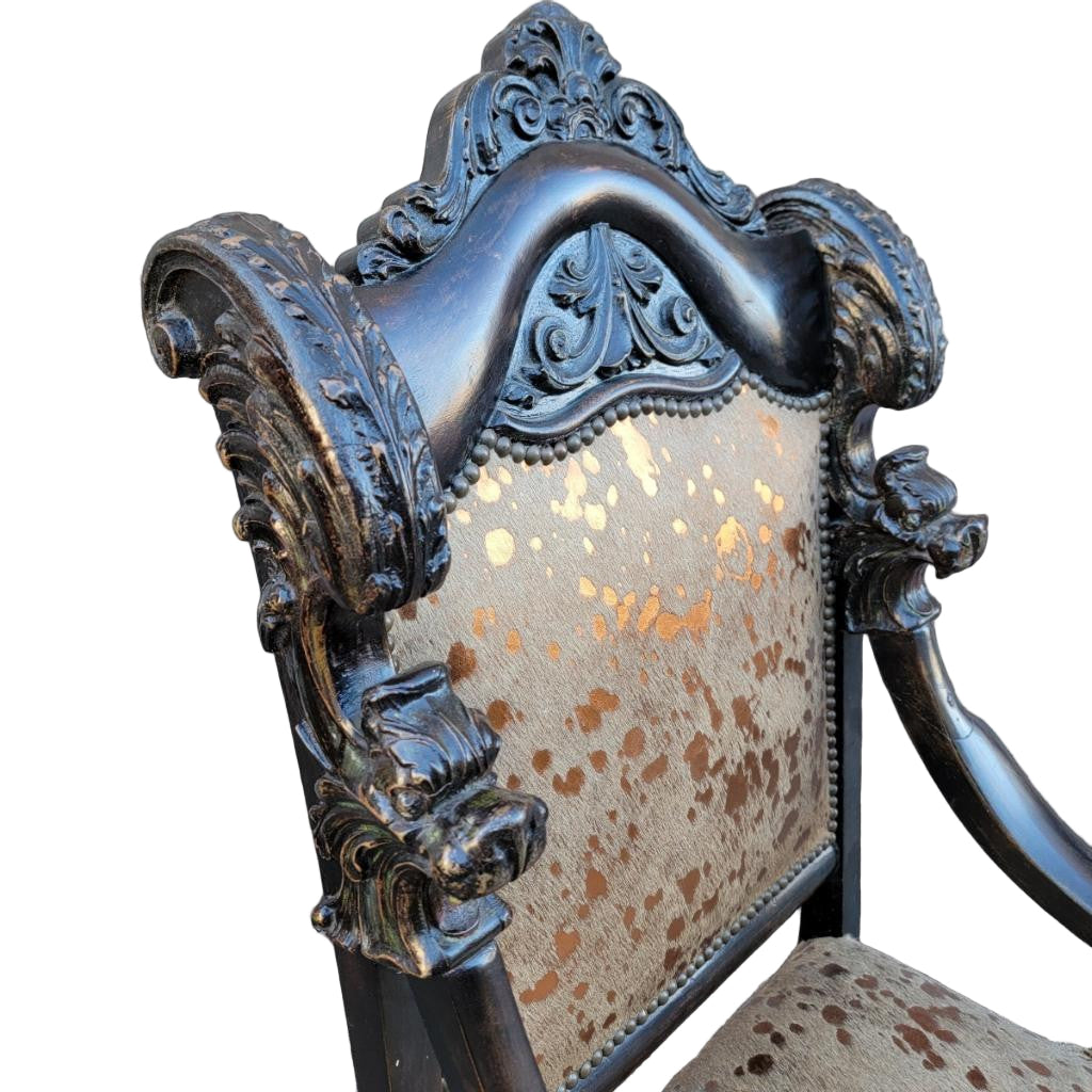 Antique French Baroque Carved Fireside Accent Chair Newly Reupholstered in Cowhide