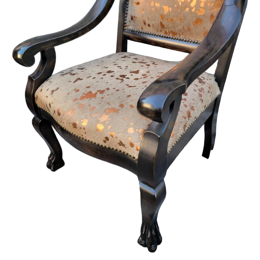 Antique French Baroque Carved Fireside Accent Chair Newly Reupholstered in Cowhide