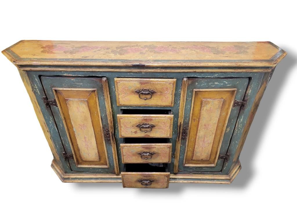 Antique French Country Hand Painted Floral Motif Sideboard/Credenza