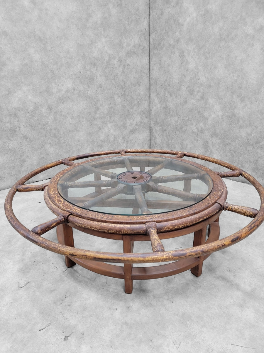 Antique Nautical Ships Wheel Custom Glass Top Coffee Table