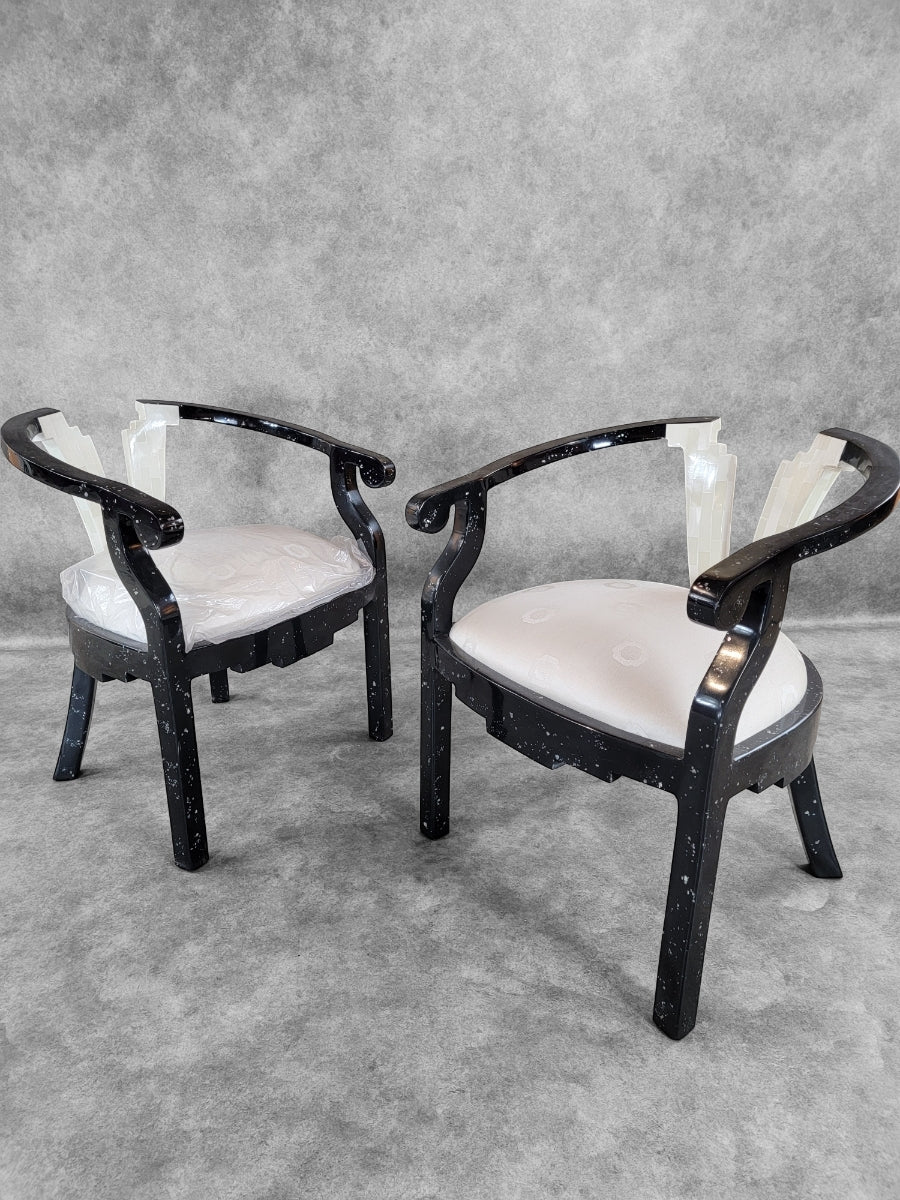 Vintage Postmodern Sculptural Tessellated Stone and Mother of Pearl Inlay Lacquer Chairs - Set of 6