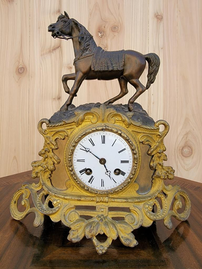 Antique French Neoclassical Bronze Horse Topped Mantel Clock