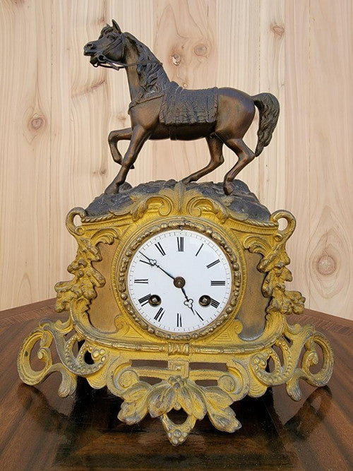 Antique French Neoclassical Bronze Horse Topped Mantel Clock