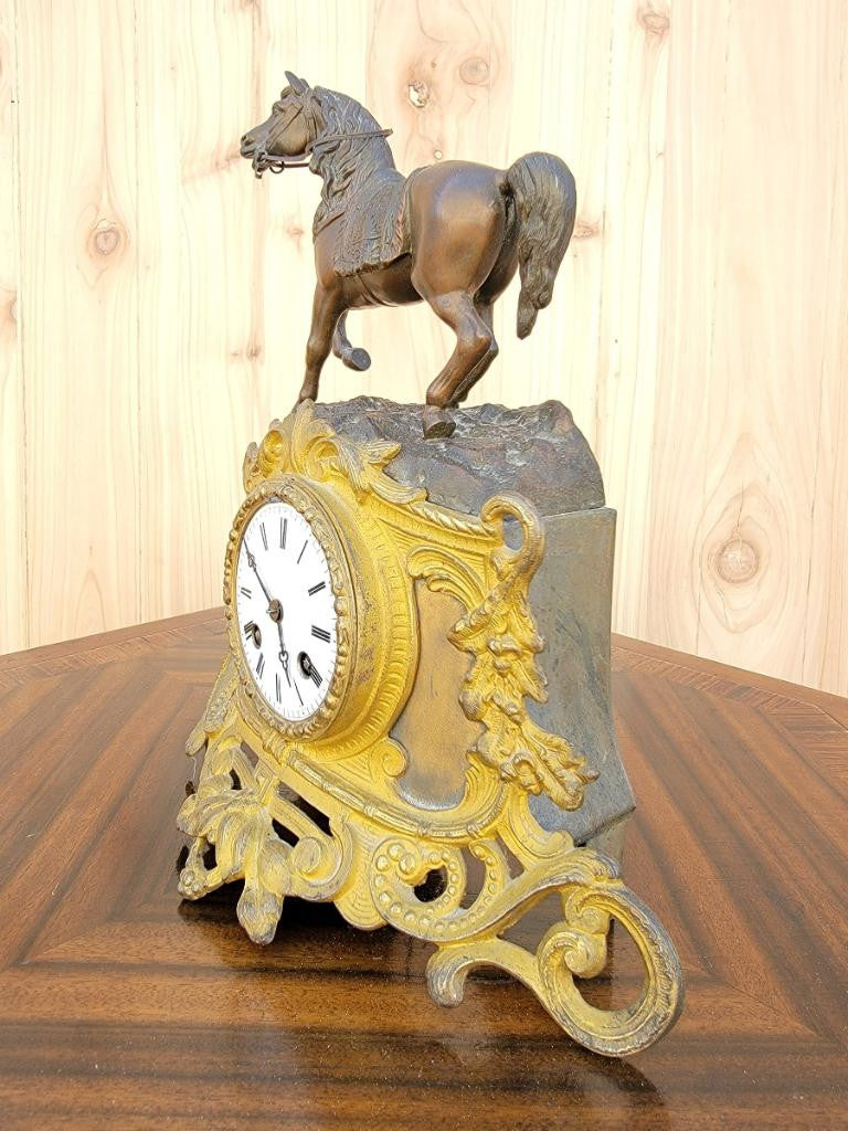 Antique French Neoclassical Bronze Horse Topped Mantel Clock