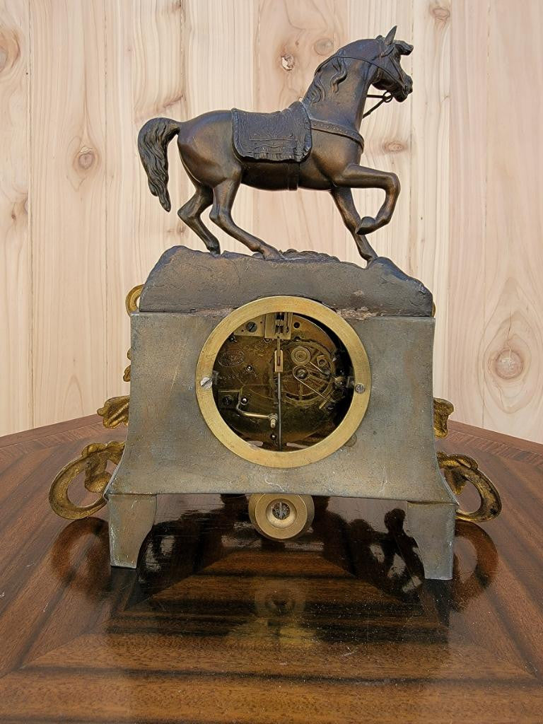 Antique French Neoclassical Bronze Horse Topped Mantel Clock