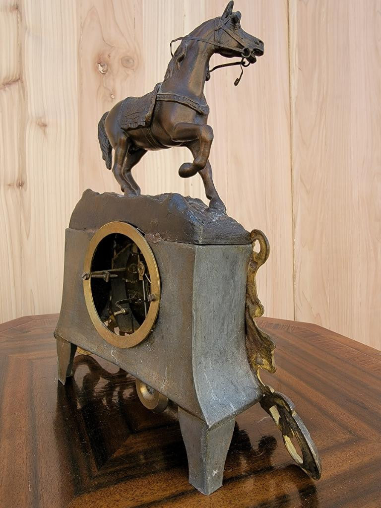 Antique French Neoclassical Bronze Horse Topped Mantel Clock