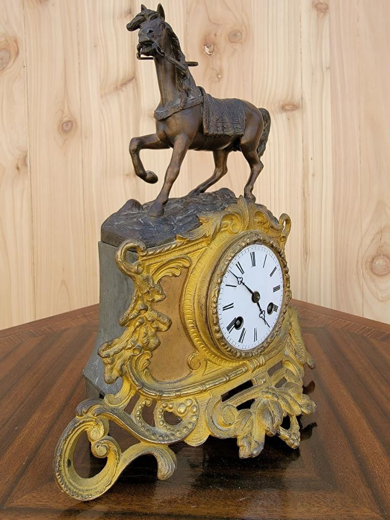 Antique French Neoclassical Bronze Horse Topped Mantel Clock