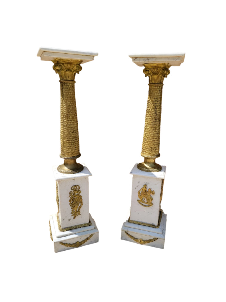 Antique French Empire Ormolu White Carrara Marble Pedestals - Pair