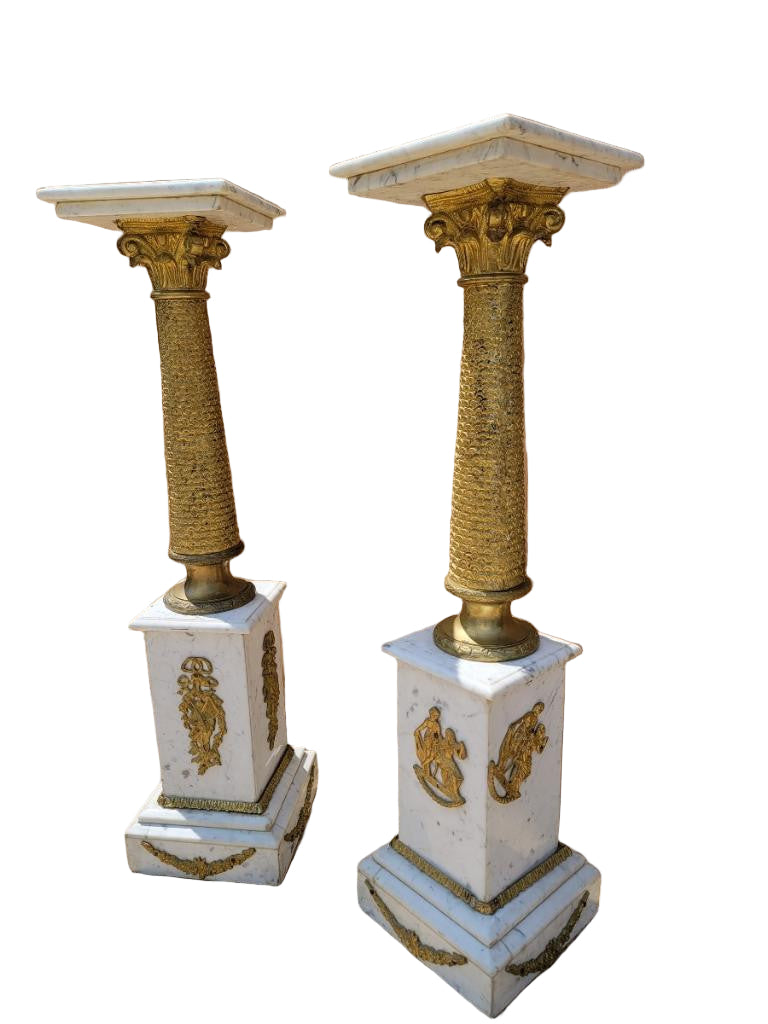 Antique French Empire Ormolu White Carrara Marble Pedestals - Pair