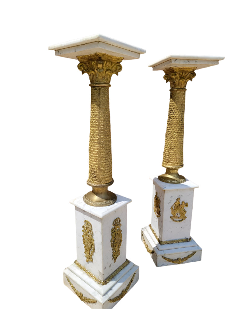 Antique French Empire Ormolu White Carrara Marble Pedestals - Pair