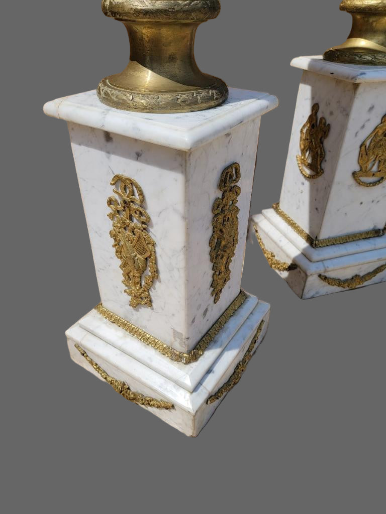 Antique French Empire Ormolu White Carrara Marble Pedestals - Pair