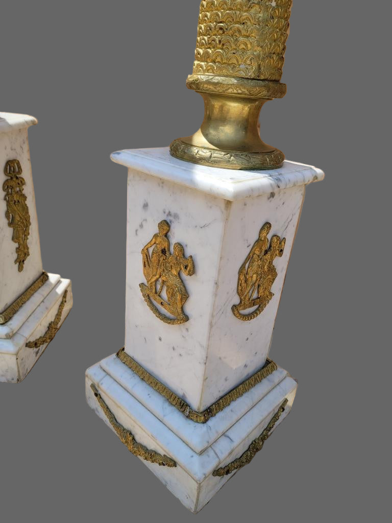 Antique French Empire Ormolu White Carrara Marble Pedestals - Pair